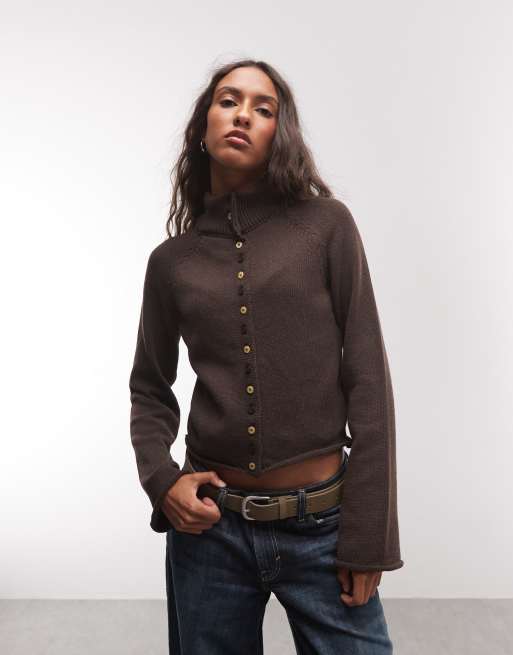 Reclaimed Vintage button through high neck knitted cardigan in brown, 1 of 4