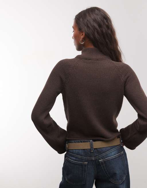 Reclaimed Vintage button through high neck knitted cardigan in brown, 3 of 4