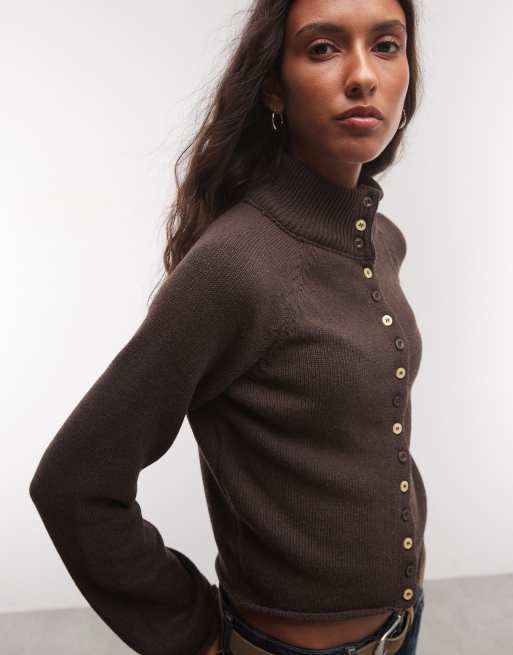 Reclaimed Vintage button through high neck knitted cardigan in brown, 4 of 4