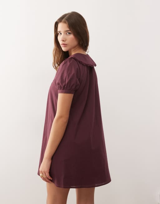 Reclaimed Vintage button through mini dress with pintucks in plum, 3 of 4