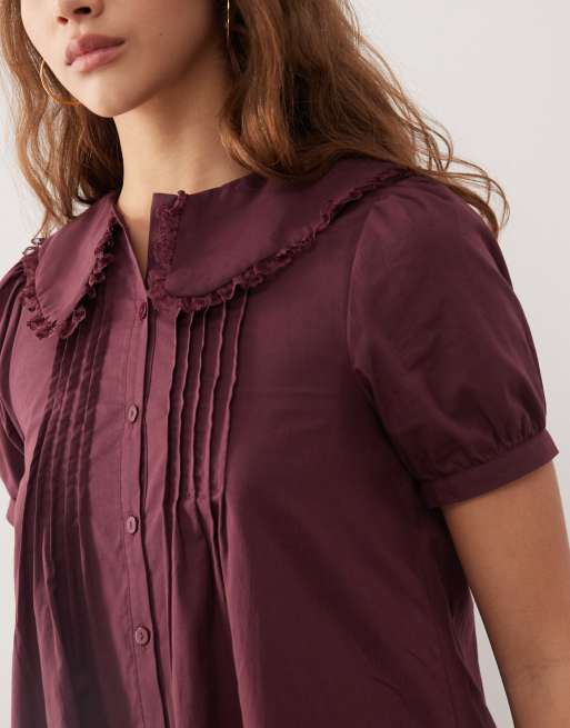 Reclaimed Vintage button through mini dress with pintucks in plum, 4 of 4