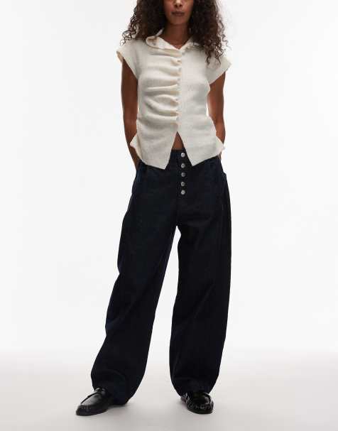 Reclaimed Vintage baggy barrel jean with button fly in indigo rinse wash