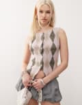 [Reclaimed Vintage] Reclaimed Vintage button through singlet in argyle print-Pink S Pink