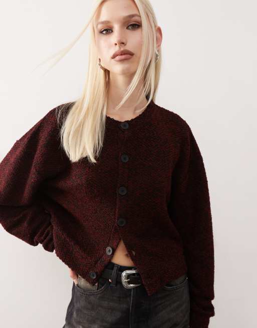 Reclaimed Vintage button up cardigan in burgundy texture, 3 of 4
