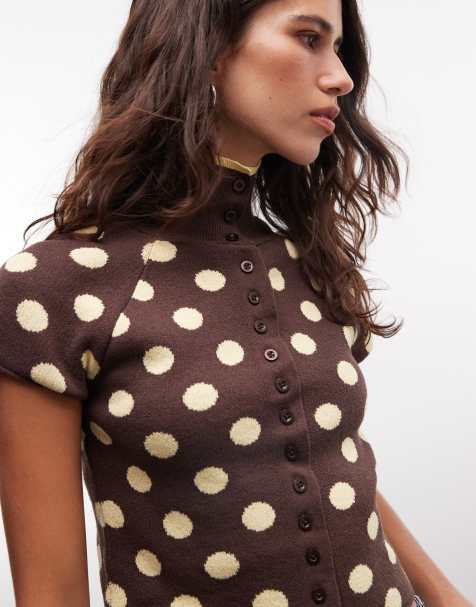 Reclaimed Vintage button up high neck compact knit tank in brown polka dot print - view 1