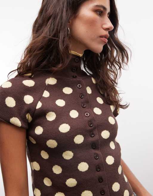 Reclaimed Vintage button up high neck compact knit tank in brown polka dot print