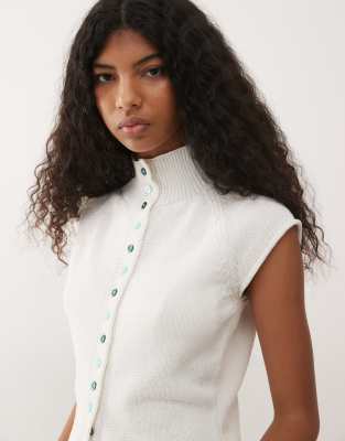 Reclaimed Vintage Button Up High Neck Compact Knit Tank Top In White