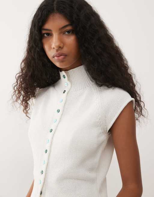 Reclaimed Vintage button up high neck compact knit tank top in white