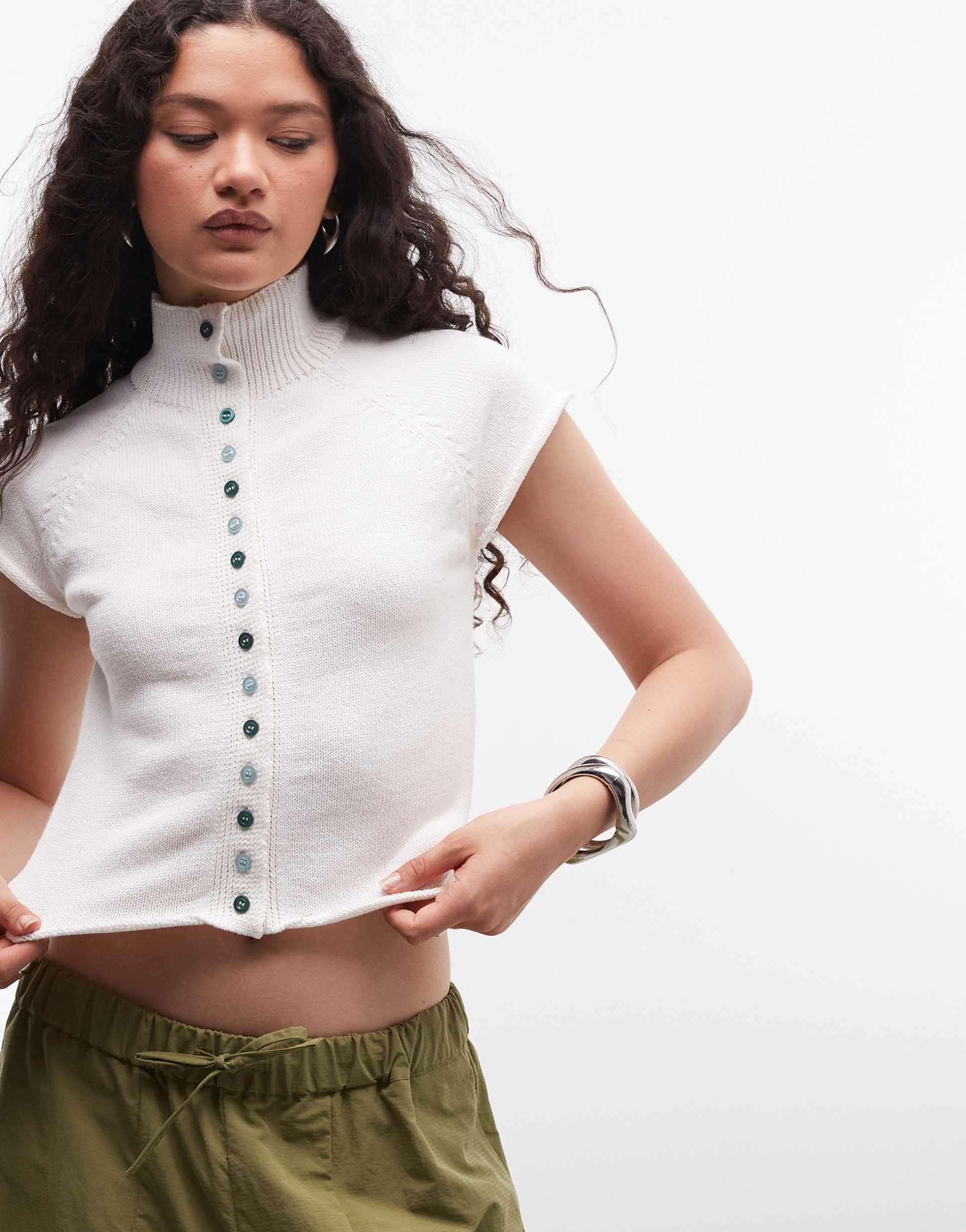 reclaimed vintage button up high neck compact knit tank top in white