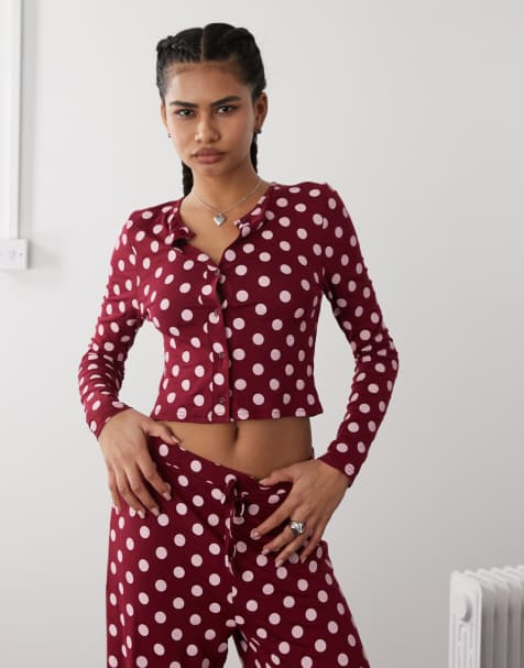 Reclaimed Vintage button up lounge top co-ord in polka dot - view 1
