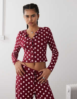 button up lounge top in polka dot - part of a set-Red