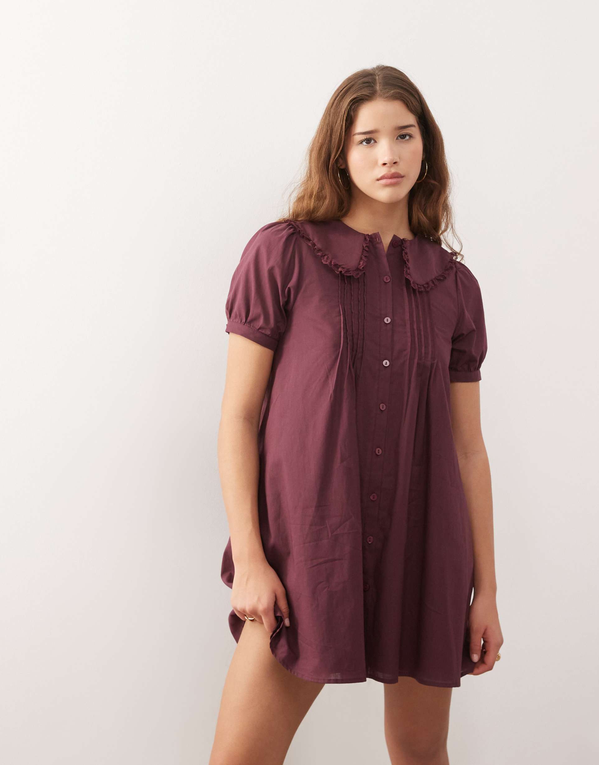 reclaimed vintage button up mini dress with pintucks in plum