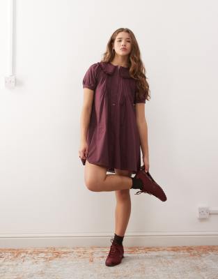 Reclaimed Vintage Button Up Mini Dress With Pintucks In Burgundy