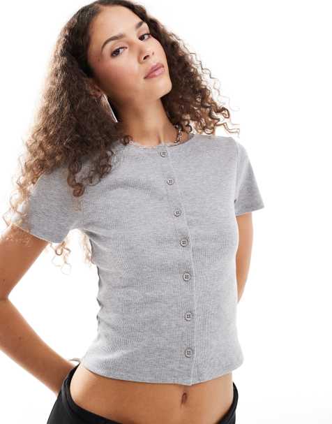 Reclaimed Vintage button up rib knit top with lace trim in grey - view 1
