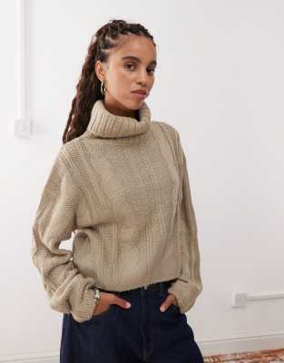 Reclaimed Vintage cable jumper in stone-Brown