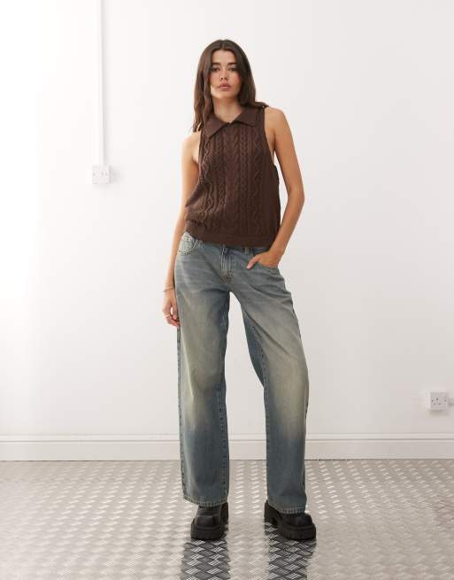Reclaimed Vintage cable knit tank top with collar detail in chocolate brown, 4 of 4
