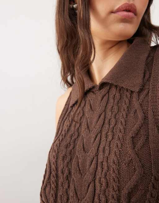 Reclaimed Vintage cable knit tank with collar detail in chocolate brown, 2 of 4
