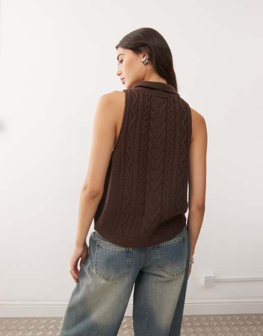 Reclaimed Vintage cable knit tank with collar detail in chocolate brown, 3 of 4
