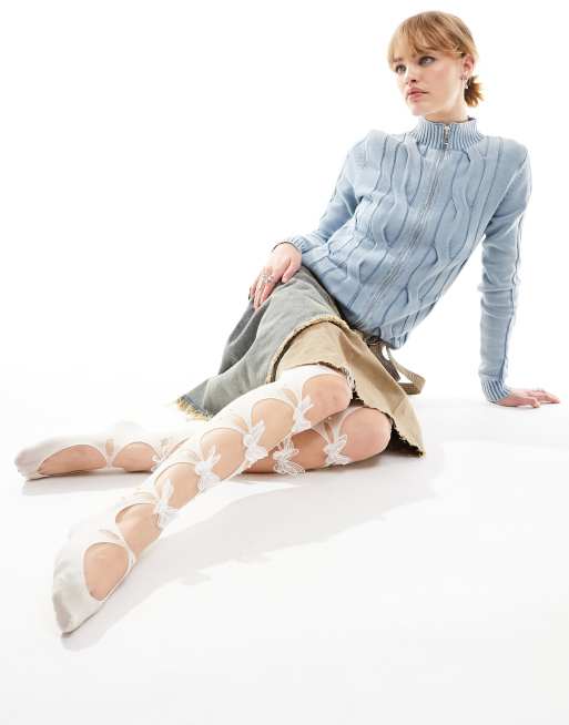 Reclaimed Vintage - Calze avorio con cut-out e farfalle