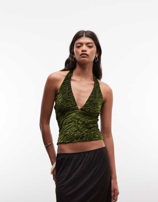 Reclaimed Vintage cami-halterneck-top i mesh med flok i grøn