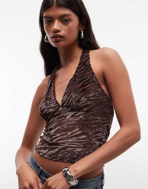 Reclaimed Vintage Cami-Haltertop aus beflocktem Mesh in Braun, 3 von 4