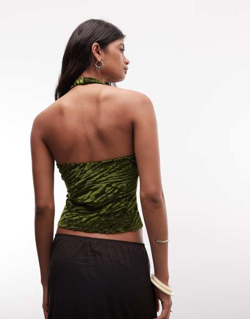 Reclaimed Vintage Cami-Haltertop aus beflocktem Mesh in Grün, 3 von 4