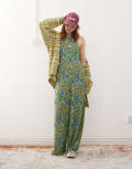 [Reclaimed Vintage] Reclaimed Vintage cami jumpsuit with open back in green ditsy floral print-Multi 16 multi