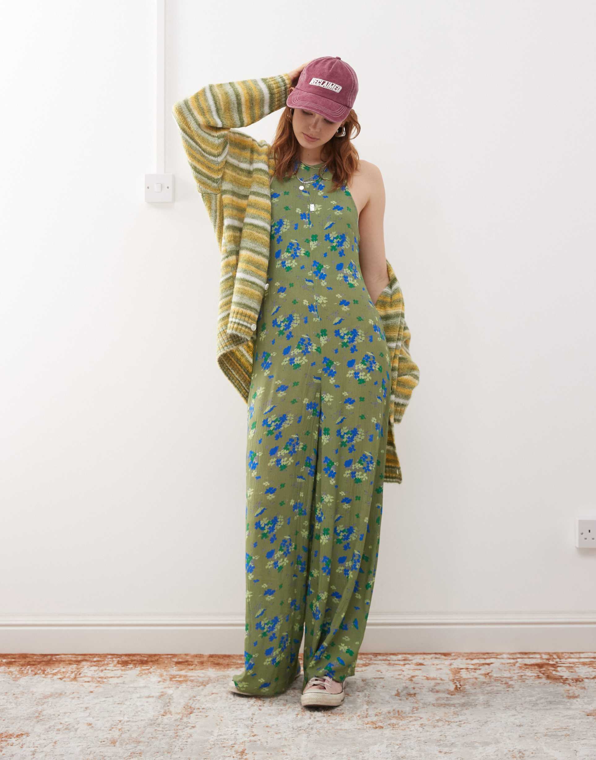 reclaimed vintage cami jumpsuit with open back in green ditsy floral print