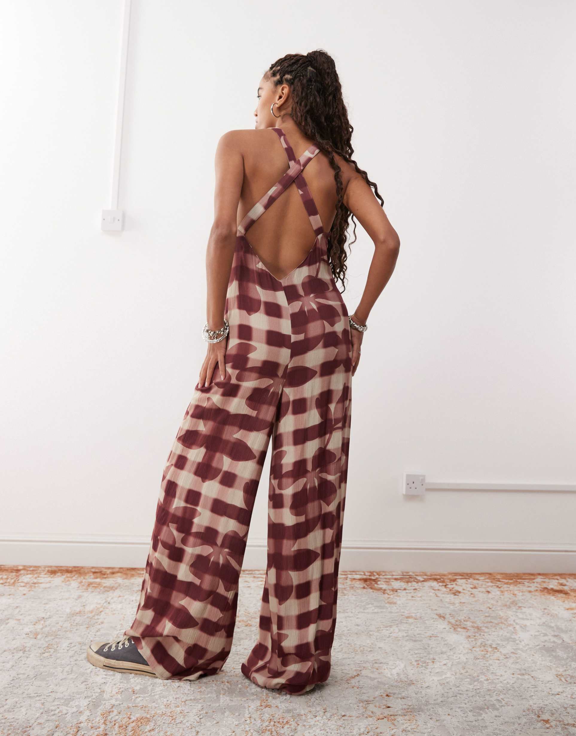 reclaimed vintage cami jumpsuit with open back in red check floral print