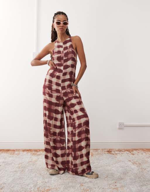 Reclaimed Vintage cami jumpsuit with open back in red check floral print, 4 of 4