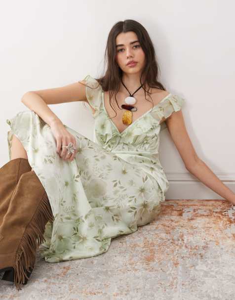 Reclaimed Vintage cami maxi dress with flutter sleeves in green floral print - view 1