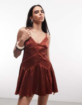 Reclaimed Vintage Cami Mini Dress With Lace Inserts In Red