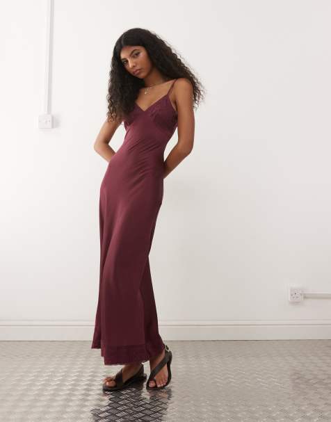 Reclaimed Vintage cami satin maxi slip dress with lace trim in fig - view 1
