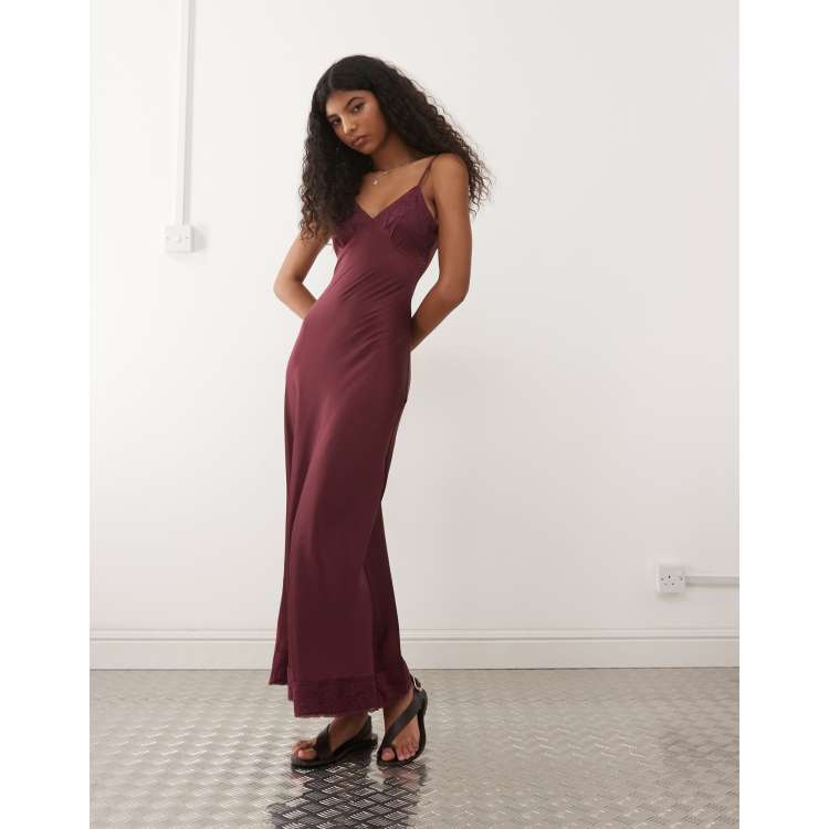 Reclaimed Vintage cami satin maxi slip dress with lace trim in fig