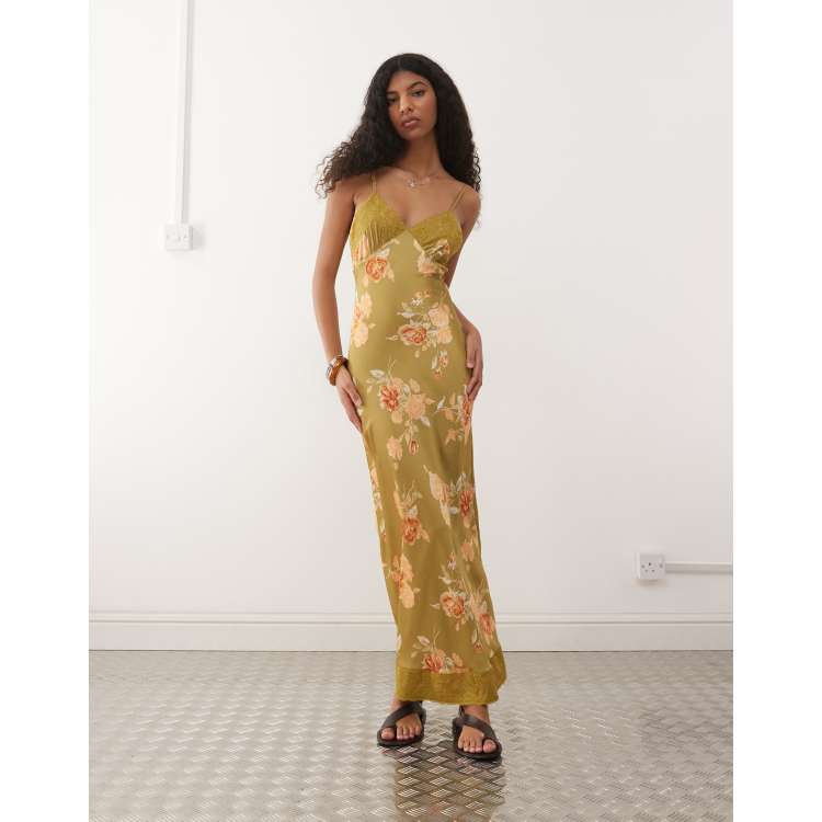 Reclaimed Vintage cami satin maxi slip dress with lace trim in