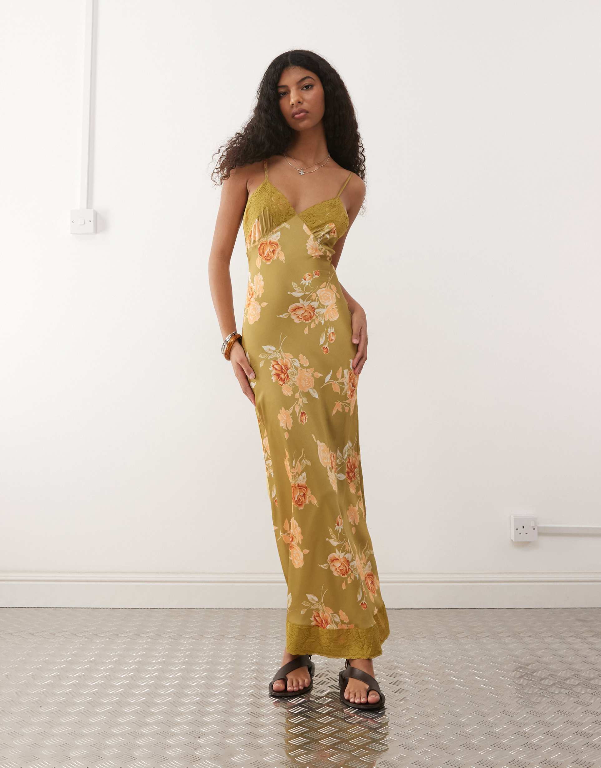 reclaimed vintage cami satin maxi slip dress with lace trim in green floral print