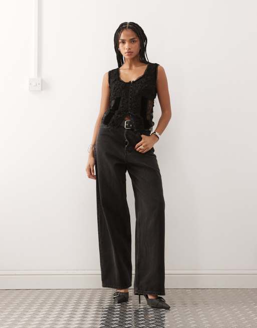 Reclaimed Vintage cami tea top in mixed satin and velvet with shirring in black