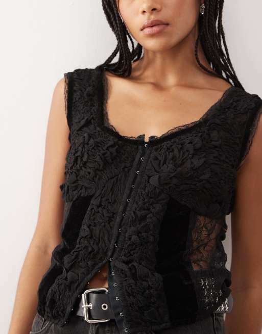 Reclaimed Vintage cami tea top in mixed satin and velvet with shirring in black