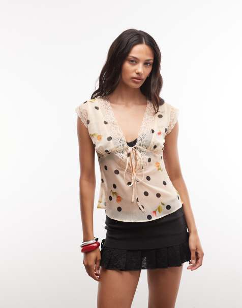 Reclaimed Vintage cami tea top with lace insert in floral polka dot - view 1