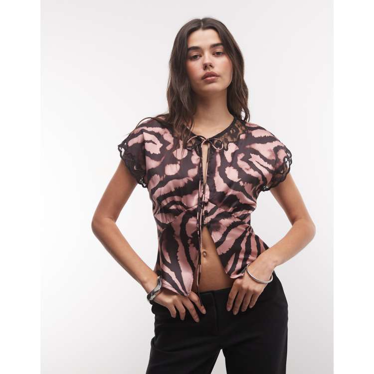 Reclaimed Vintage cami tea top with lace trims in animal zebra