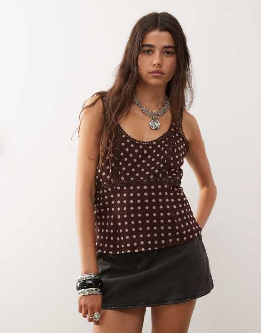 Reclaimed Vintage cami tea top with lace trims in burgundy red and cream polka dot print
