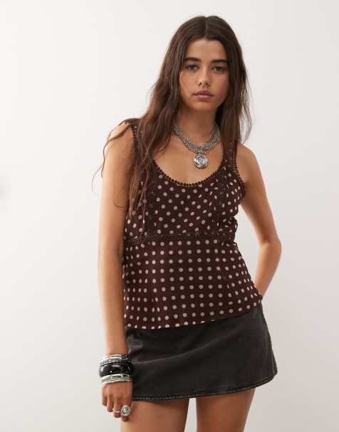 Reclaimed Vintage cami tea top with lace trims in chocolate brown and cream polka dot print - view 1