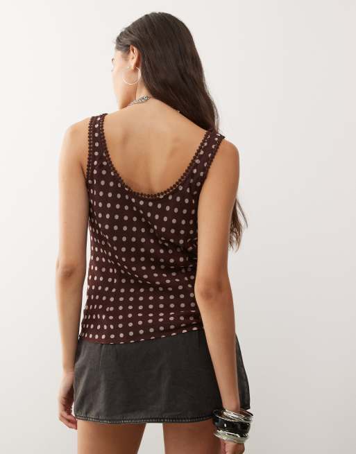Reclaimed Vintage cami tea top with lace trims in chocolate brown and cream polka dot print