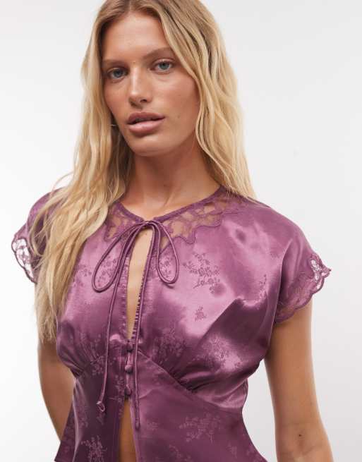 Reclaimed Vintage cami tea top with lace trims in plum, 3 of 4