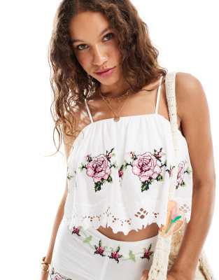 Reclaimed Vintage cami top with floral tablecloth embroidery in white