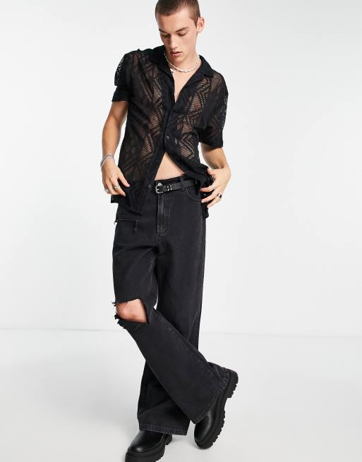 Reclaimed Vintage Camicia a maniche corte nera in pizzo ASOS