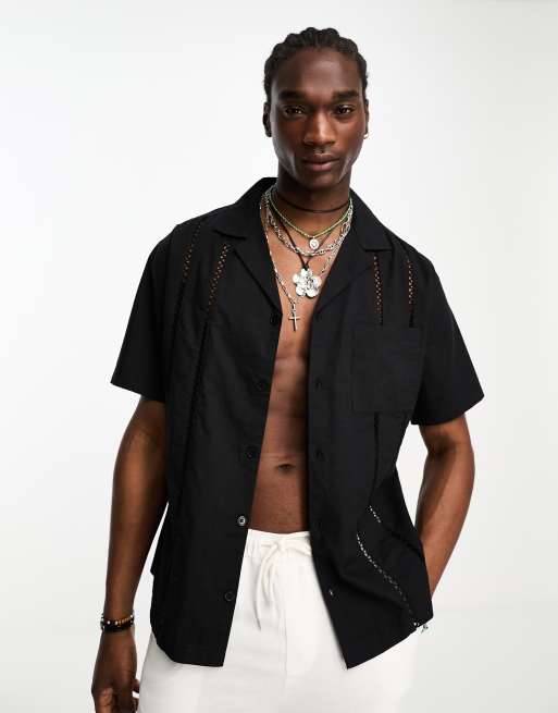 Reclaimed Vintage - Camicia a maniche corte oversize nera in cotone con rever e finiture