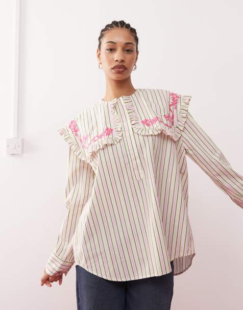 Reclaimed Vintage - Camicia a righe rosa e verdi con colletto oversize - view 1