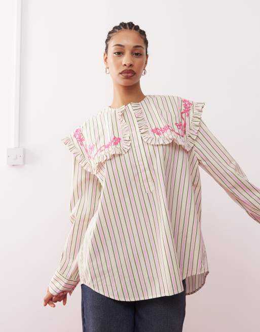 Reclaimed Vintage - Camicia a righe rosa e verdi con colletto oversize