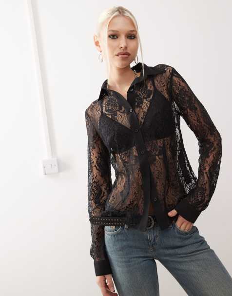 Reclaimed Vintage - Camicia aderente in pizzo nero - view 1